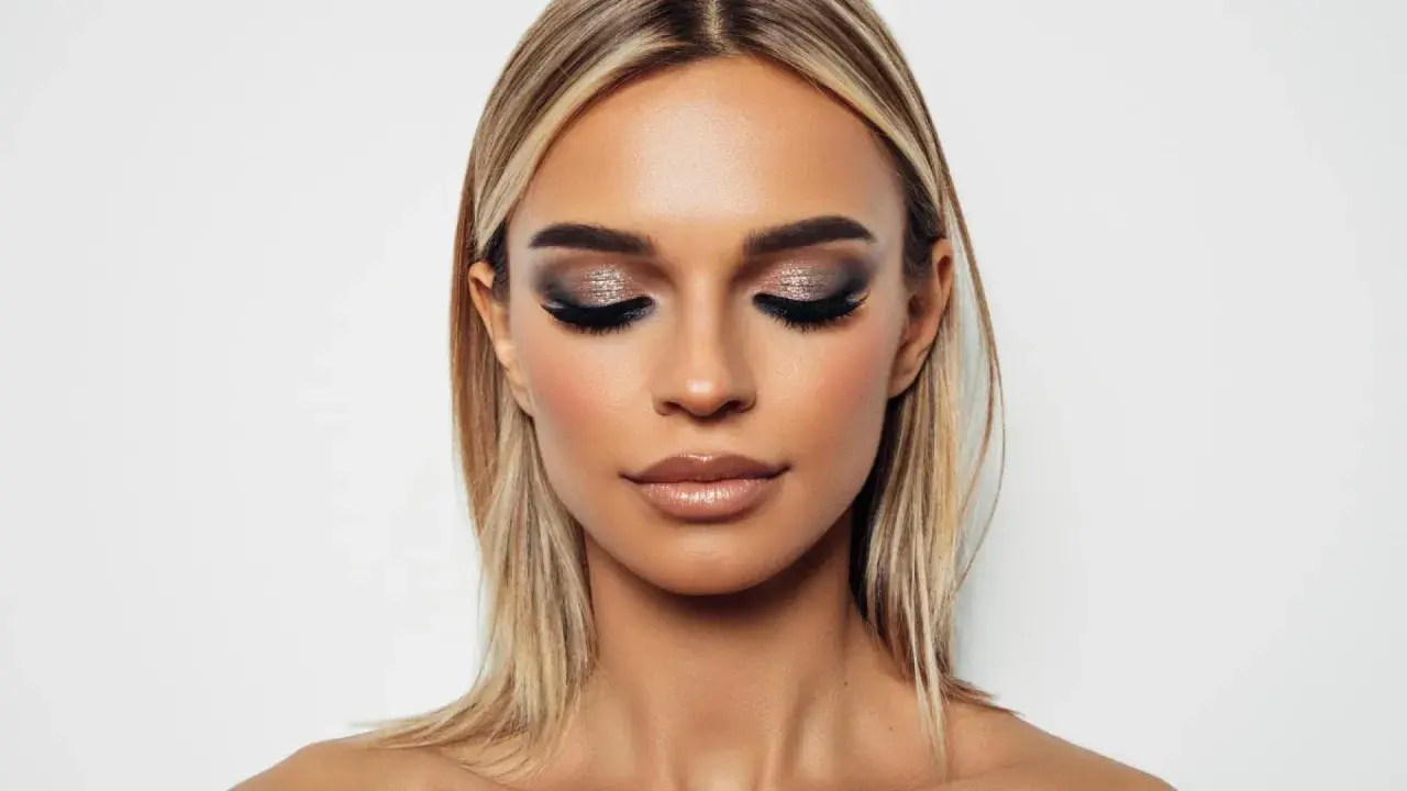 Glamouröses Augen Make-up mit schimmernden Lidschatten und vollen Wimpern. Ein atemberaubender Look, der Blicke auf sich zieht.