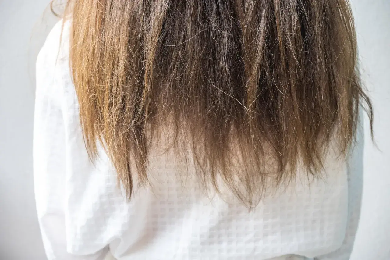 Langes, braunes Haar fällt über ein weißes Kleid. Die Spitzen sind etwas trocken, aber insgesamt sieht es nach gesunden Haaren aus.