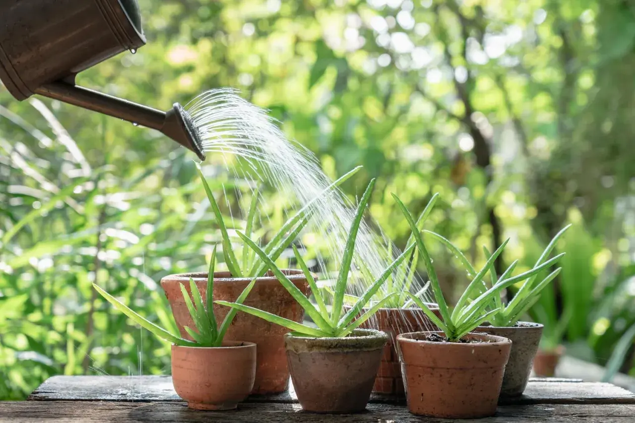 Gießkanne bewässert Aloe Vera Pflanzen. Die Pflanze ist bekannt für ihre **Aloe Vera Anwendung Haut**-Pflege.