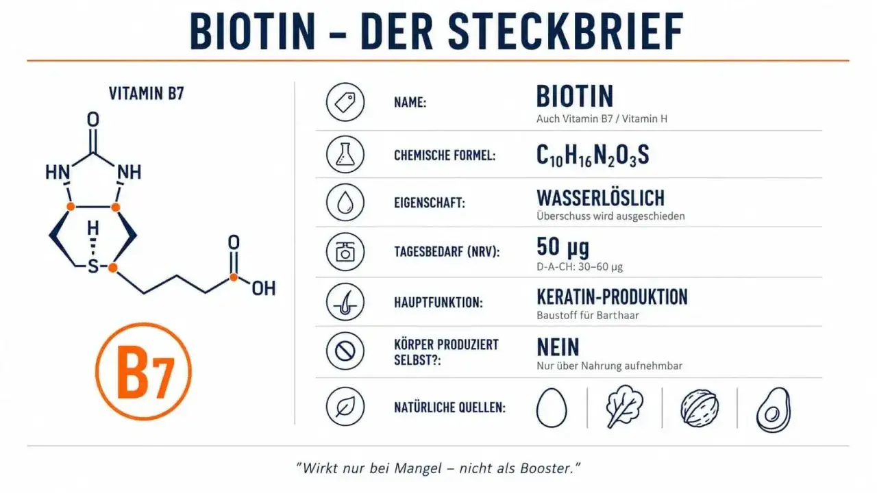 Steckbrief zu Vitamin B7 (Biotin): chemische Formel, Tagesbedarf, Hauptfunktion Keratin-Produktion, natürliche Quellen wie Eier.