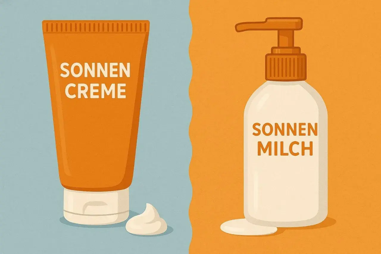 Gegenüberstellung: Sonnencreme in Tube mit Klecks und Sonnenmilch im Pumpspender. Der Unterschied zwischen Sonnencreme und Sonnenmilch wird visuell erklärt.