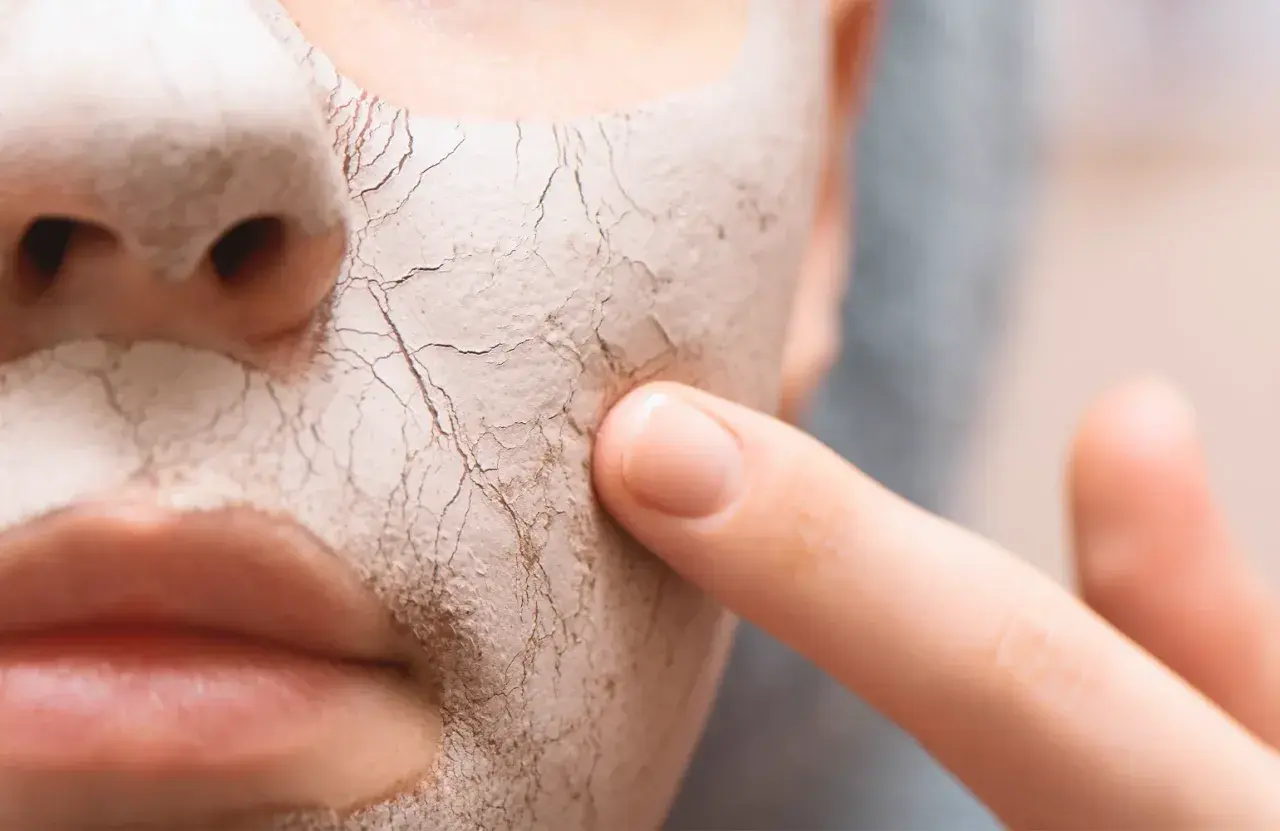 Nahaufnahme einer Maske auf dem Gesicht, die die sehr trockene Haut darunter zeigt. Ein Finger berührt die rissige Textur.