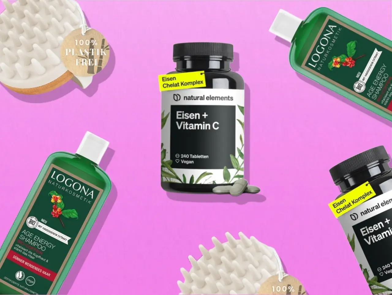 Produkte für gesunden Haarwachstum: Logona Age Energy Shampoo und Eisen + Vitamin C Kapseln. Eine plastikfreie Bürste unterstützt die Pflege.