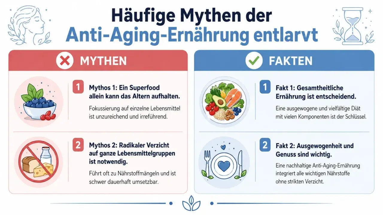Infografik entlarvt Mythen der Anti-Aging-Ernährung. Fakten betonen ausgewogene Ernährung und Genuss statt Verzicht, um wichtige anti aging wirkstoffe aufzunehmen.