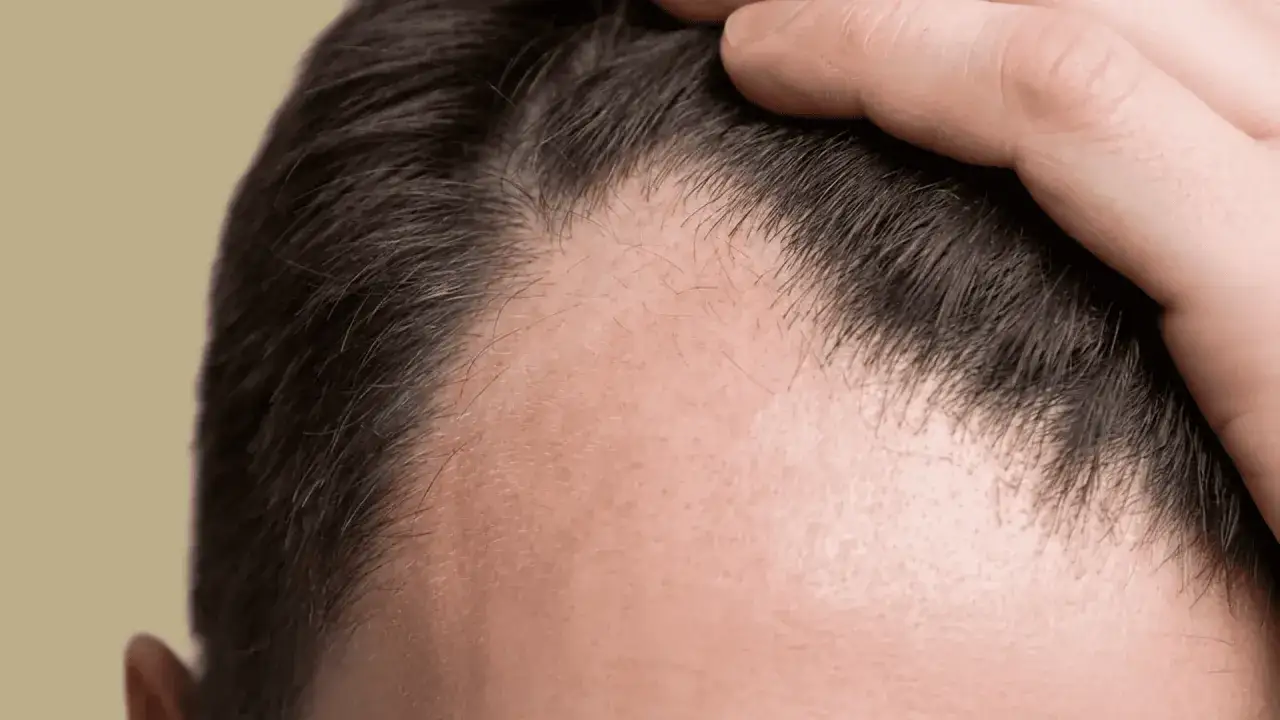 Mann mit 20 Jahren, der sich besorgt die Stirnhaare berührt. Deutlicher Haarausfall an den Schläfen.