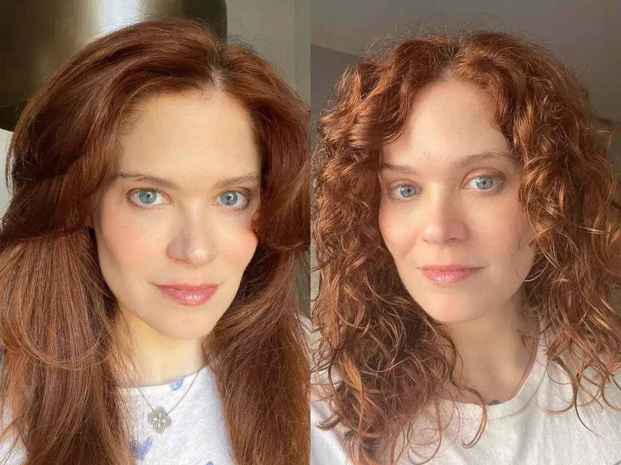 Frau mit roten Haaren, links glatt, rechts mit frizz Haaren und Locken.