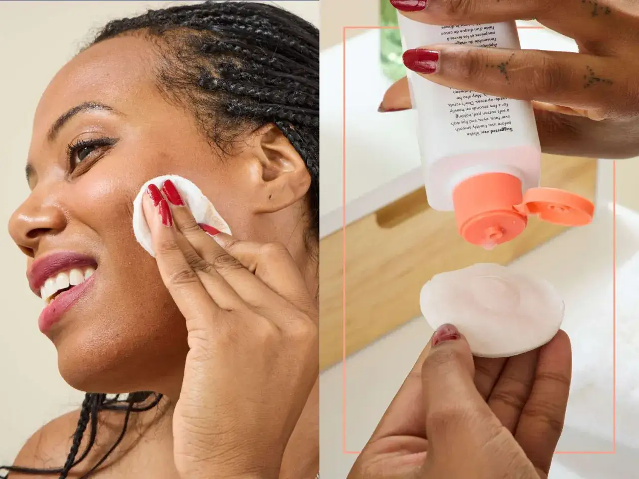 Eine Frau reinigt ihr Gesicht mit Mizellenwasser. Das Produkt entfernt sanft Make-up und Unreinheiten.