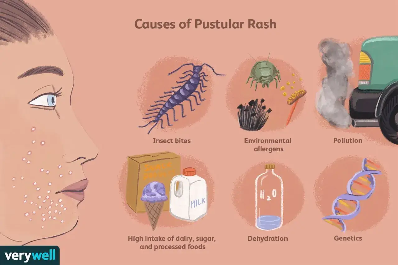 Illustration zeigt juckende Pusteln im Gesicht, verursacht durch Insektenstiche, Allergene, Umweltverschmutzung, Ernährung, Dehydration und Genetik.