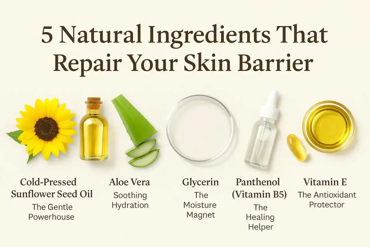 Sonnenblumenöl, Aloe Vera, Glycerin, Panthenol und Vitamin E: Natürliche Helfer, was hilft gegen trockene Haut und repariert die Hautbarriere.