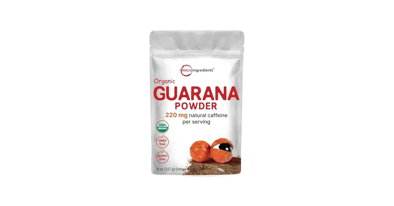 Bio-Guarana-Pulver von Microingredients. Die Guarana Wirkung für Haare wird oft diskutiert, hier als Pulver mit 220 mg natürlichem Koffein.