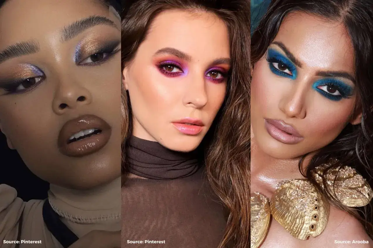 Drei Frauen präsentieren glamouröse Augen Make-up Looks: schimmerndes Gold-Lila, leuchtendes Pink-Violett und intensives Blau.