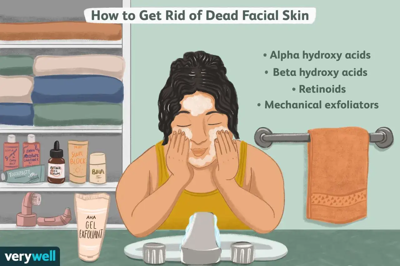 Frau reinigt ihr Gesicht, um abgestorbene Haut zu entfernen. Auf dem Regal stehen Pflegeprodukte wie Retinol Serum und AHA Gel Exfoliant.