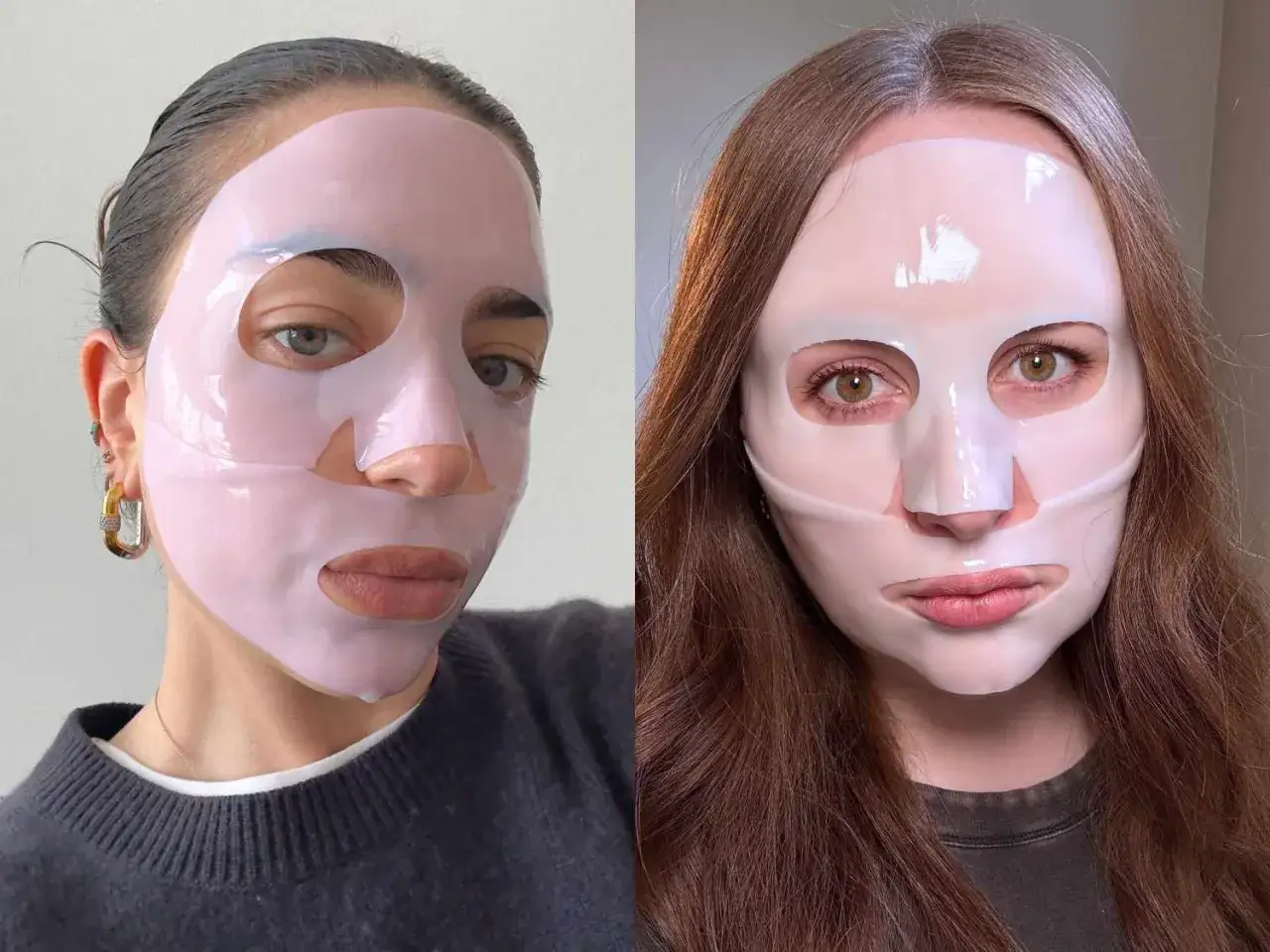 Zwei Frauen mit Gesichtsmasken. Sie zeigen, was Gesichtsmasken f&uuml;r die Haut tun k&ouml;nnen: Feuchtigkeit spenden und erfrischen.