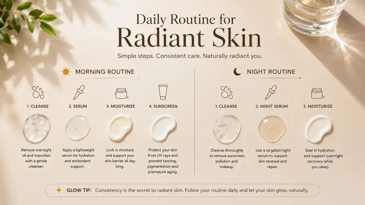 Tägliche Routine für strahlende Haut: Morgen- und Abendpflege mit Reinigung, Serum, Feuchtigkeitspflege und Sonnenschutz für einen natürlichen Glow.
