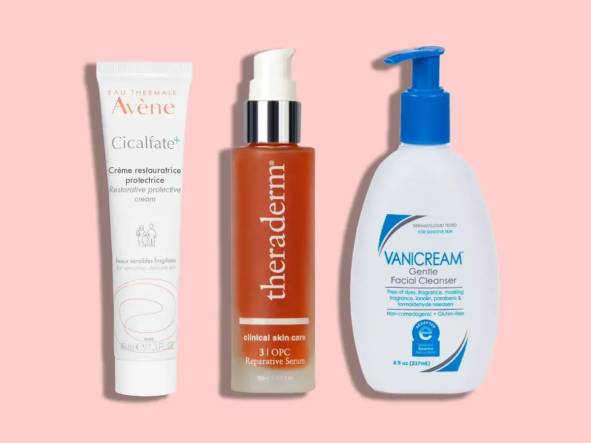 Sanfte Pflege für empfindliche Haut: Avène Cicalfate, Theraderm Serum und Vanicream Reiniger. Ideal bei Rosacea und für den Sonnenschutz.