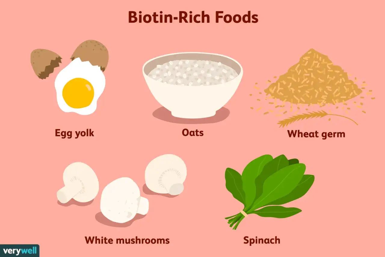 Biotin-reiche Lebensmittel: Eigelb, Haferflocken, Weizenkeime, weiße Champignons und Spinat sind gute Quellen für B7 Vitamin.