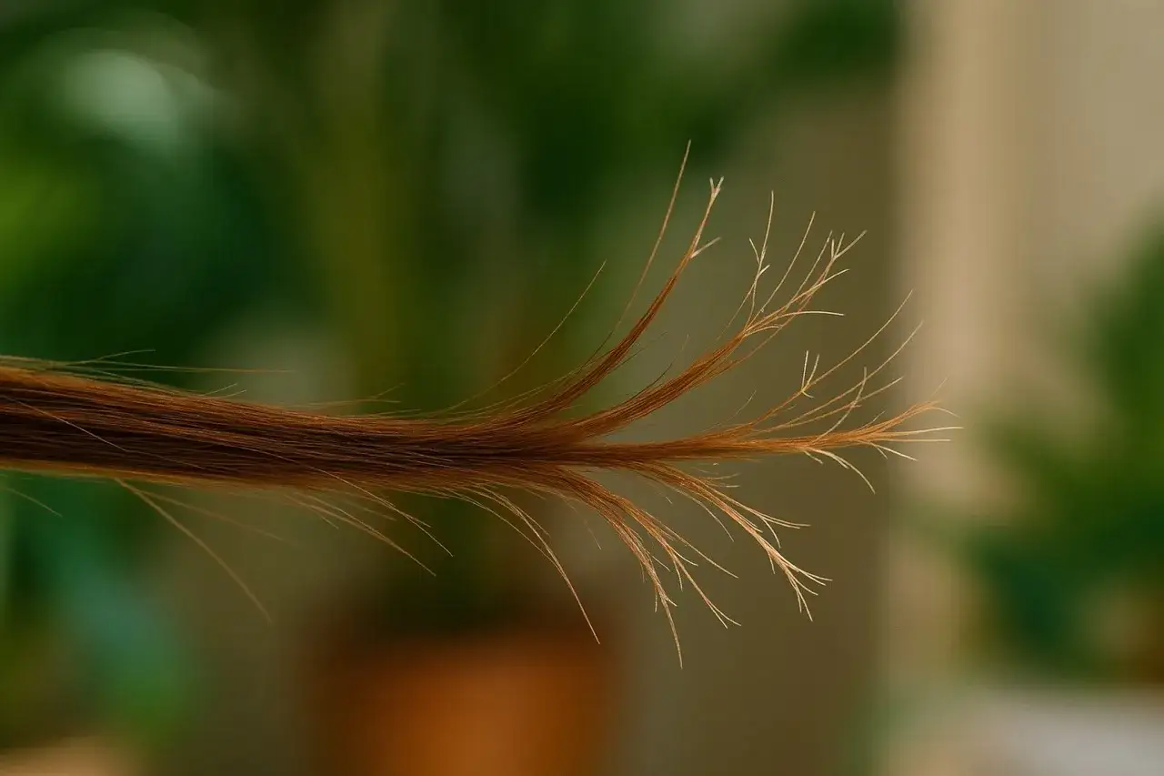 Ein feiner, brauner Haarschopf zeigt deutliche spliss haare, die sich wie kleine Äste verzweigen.