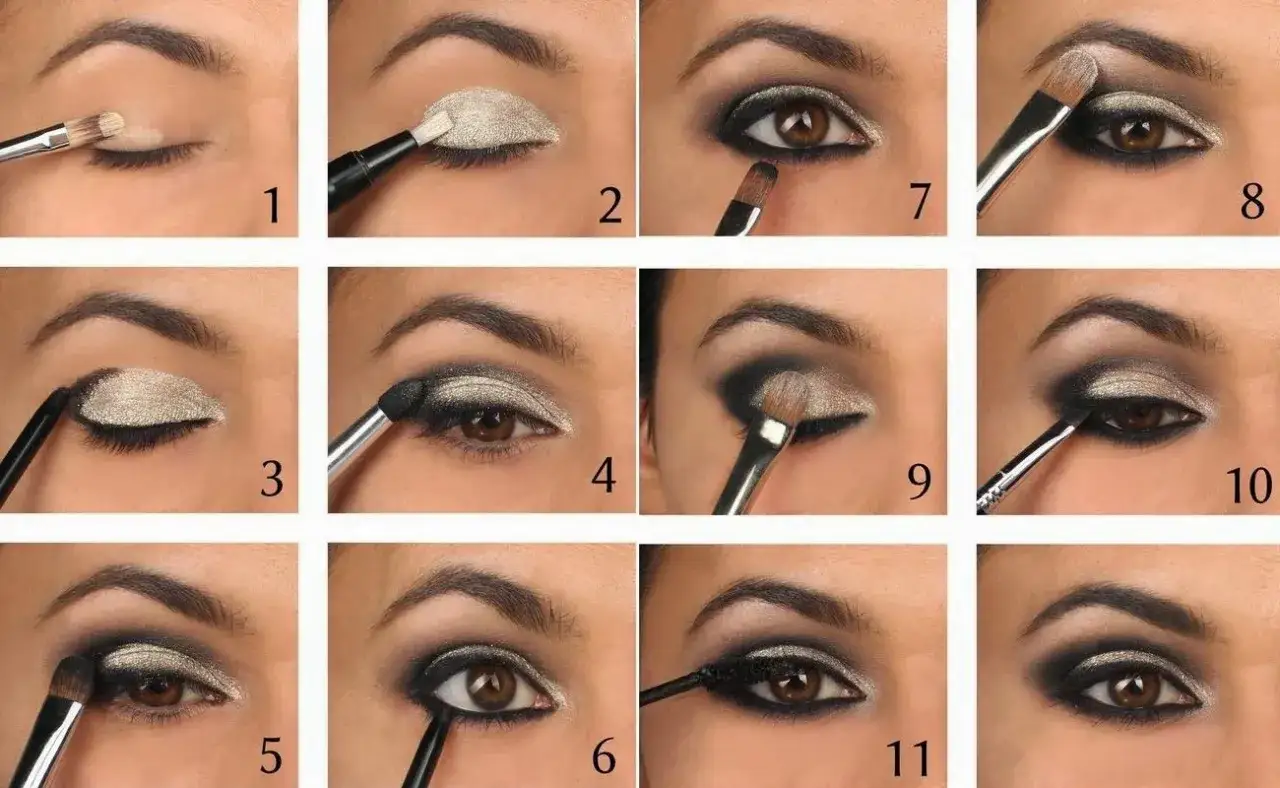 Schritt-für-Schritt-Anleitung für dramatische smokey eyes mit silbernem Lidschatten und schwarzem Kajal.