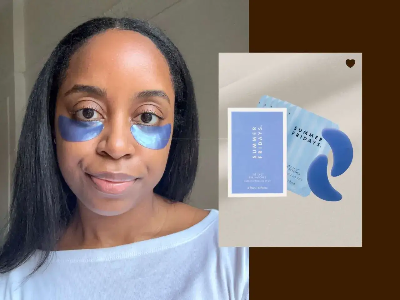 Frau mit blauen Augenpads, die erfrischt aussehen. Perfekt für Augenpads morgens oder abends.