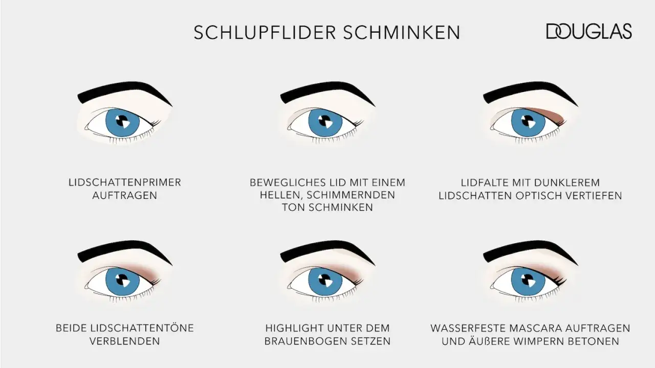 Schlupflider schminken: Schritt-für-Schritt-Anleitung mit Lidschatten, um die Augen optisch zu öffnen und zu vergrößern.