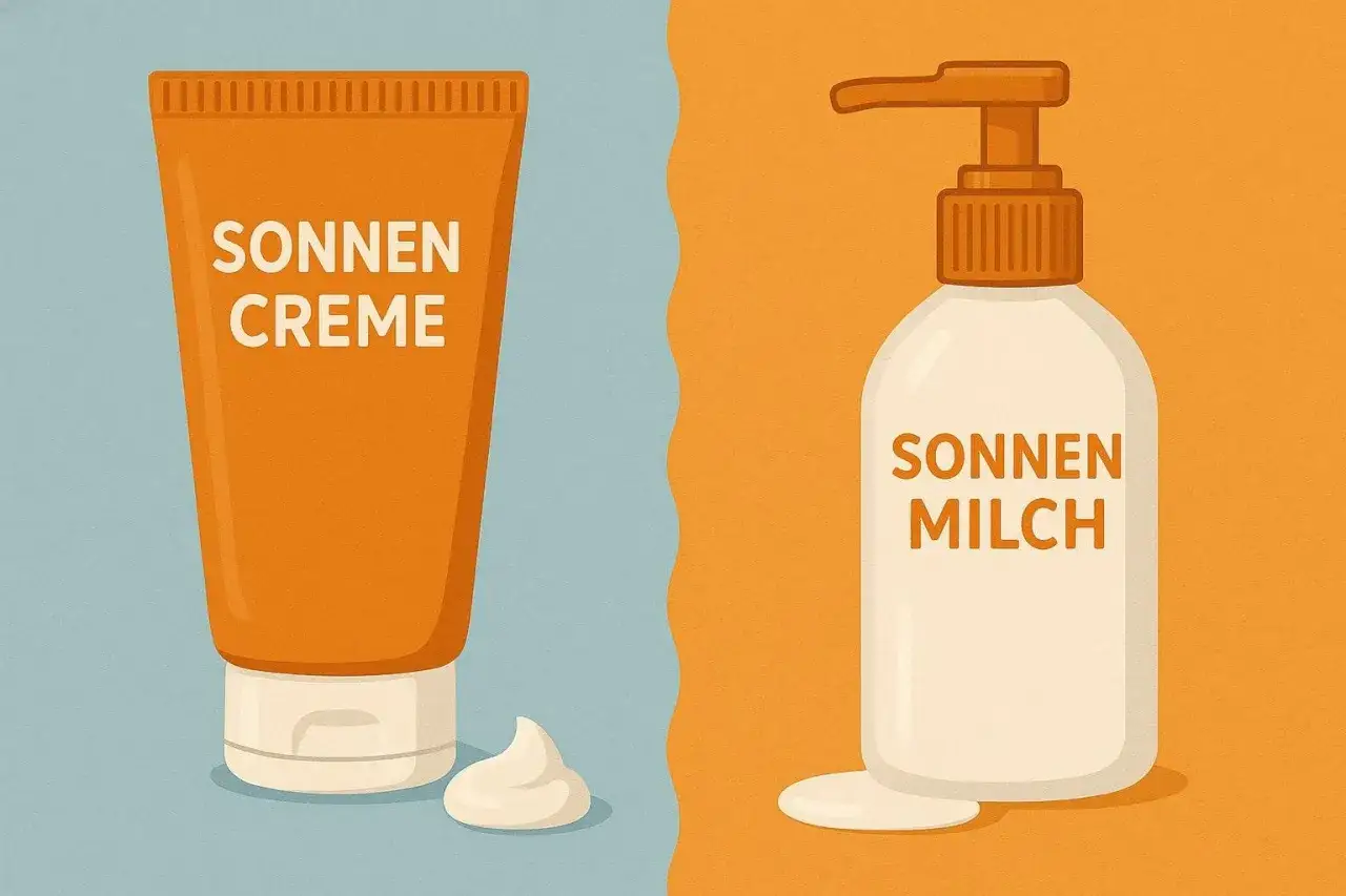 Gegen&uuml;berstellung: Sonnencreme in Tube mit Klecks und Sonnenmilch im Pumpspender. Der Unterschied zwischen Sonnencreme und Sonnenmilch wird visuell dargestellt.