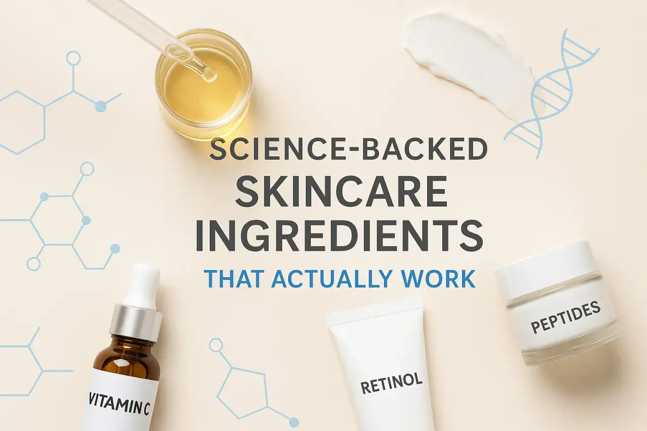 Wissenschaftlich fundierte Hautpflege-Inhaltsstoffe wie Vitamin C, Retinol und Peptide, die als wirksame Anti-Aging-Wirkstoffe bekannt sind.