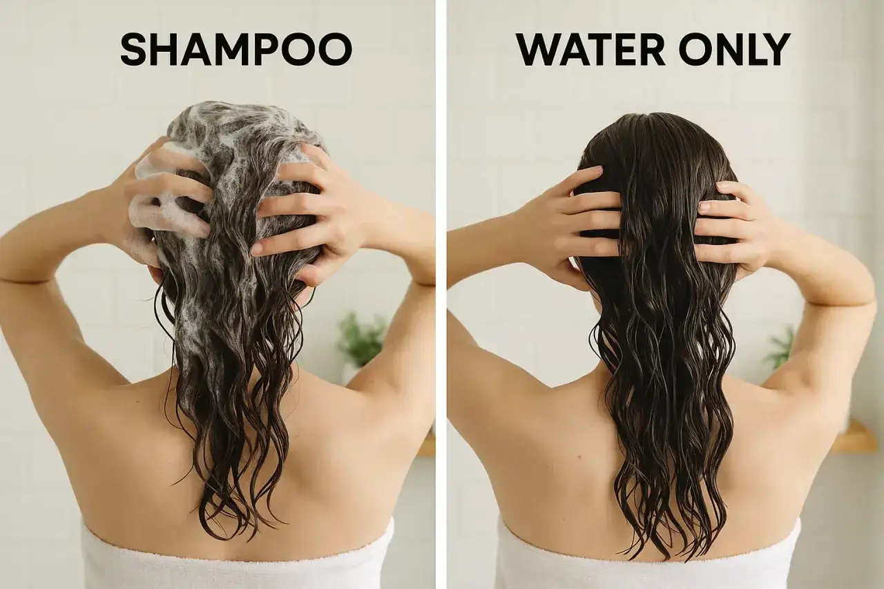 Vergleich: Haare mit Shampoo vs. nur mit Wasser waschen. Links Schaum, rechts gl&auml;nzendes Haar.