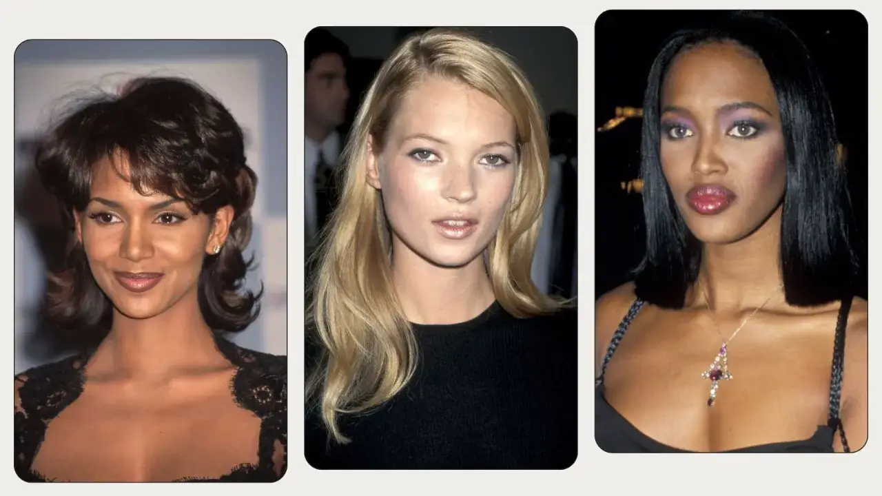 Halle Berry, Kate Moss und Naomi Campbell zeigen ikonisches 90s makeup: von dezenten T&ouml;nen bis zu kr&auml;ftigen Lippen und Lidschatten.