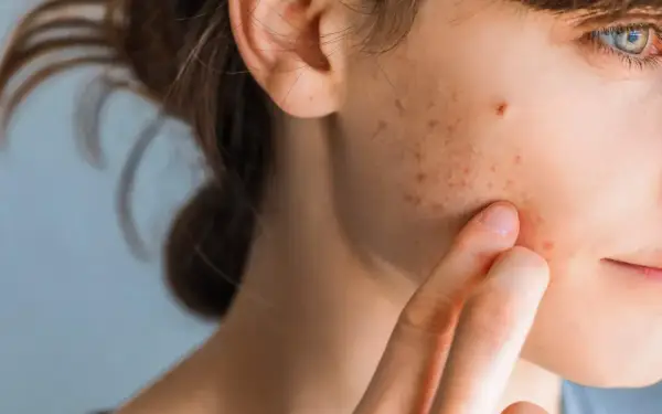 Nahaufnahme eines Gesichts, das zeigt, wie sehen stresspickel aus: kleine rote und braune Flecken auf der Haut, die eine Person mit dem Finger berührt.